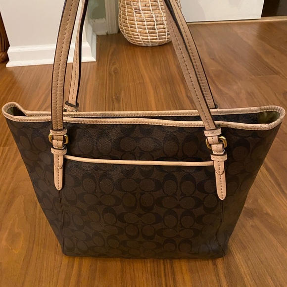 Coach Signature Brown Monogram Tote Tan Leather Shoulder Bag - Picture 2 of 16